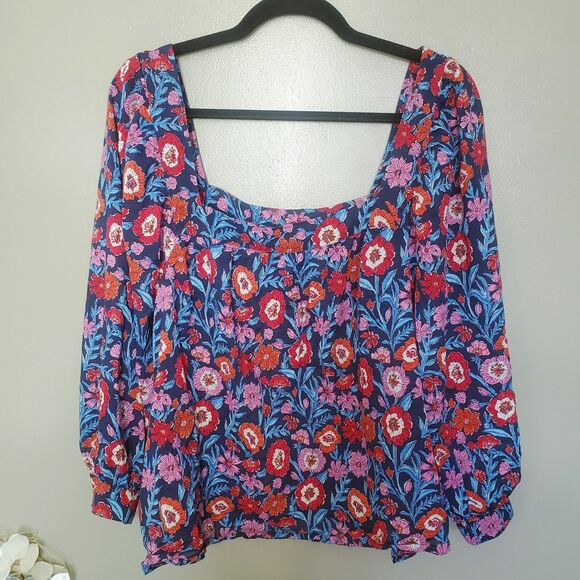 Vineyard Vines Tisbury Floral Square Neck Top Womens Size XL Buttoned Cuffs - Picture 2 of 11